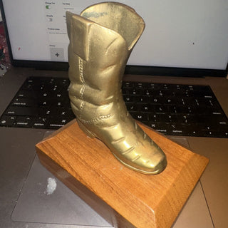 Vintage Brass 5" Western Cowboy Boot Planter Vase pen holder on wooden block #47 VV MTS|141006
