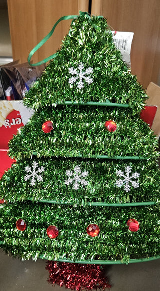 Tinsel Christma Tree 10.5” x 14.5” Shiny Snowflakes Red TINSEL Ornament On Tree, RSV|121680