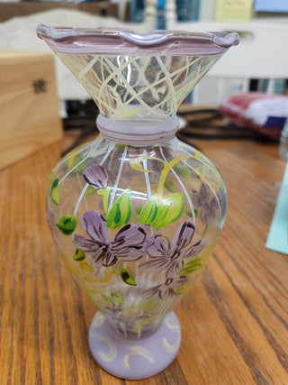 Tracy Poter 6.5" Lavender Hand Painted Glass Floral Vase with Ruffled Top Edge.