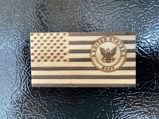 USA Flag with Navy Logo Engraved Wood Magnet RCD