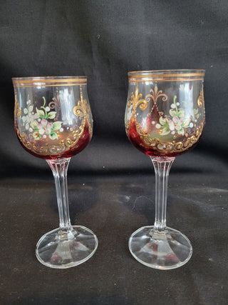 Vtg Bohemian Red & Clear w/Enamel & Gold Goblets Set of 2 RCD