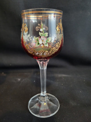 Vtg Bohemian Red & Clear w/Enamel & Gold Goblets Set of 2 RCD