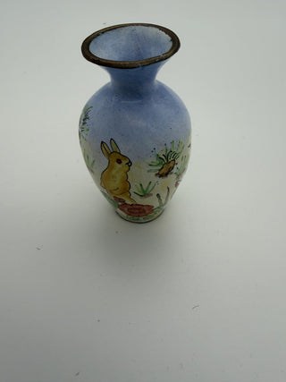 Miniature Vintage Empress Arts Enamel Copper Bud Vase Hand Painteed Rabbit Flower #62 VV MTS