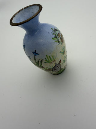 Miniature Vintage Empress Arts Enamel Copper Bud Vase Hand Painteed Rabbit Flower #62 VV MTS