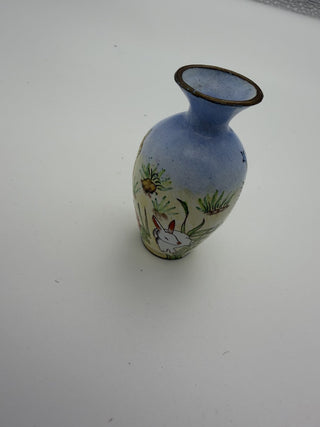 Miniature Vintage Empress Arts Enamel Copper Bud Vase Hand Painteed Rabbit Flower #62 VV MTS