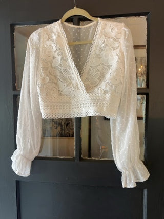Swiss Dot Contrast Lace Crop Blouse