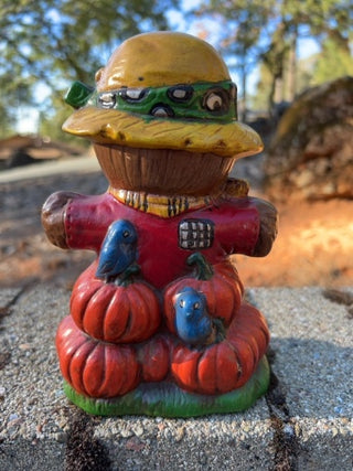 vintage hand-painted ceramic scarecrow and pumpkin figurine 1970s hobbyist mold