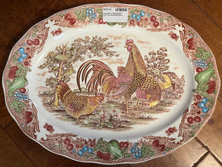BEAUTIFUL ROOSTER & CHICKEN PLATTER VIBRANT COLORS FRUIT & LEAF RIM 18" X 14" EXCELLENT CONDITION NO CHIPS OR CRACKS (KJS) RCD|129603