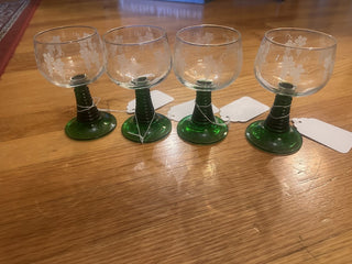 Vtg Set (4) French Etched Green Beehive Cordials MTS -K|56743
