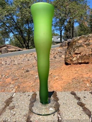 vintage art glass vase featuring a frosted green gradient body and a clear glass foot