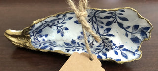White Blue Leaves Oyster Trinket Dish 5in RSV B22|96749