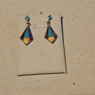 .925 inlaid purple mohave spiny oyster and turquoise signed dangle earrings|89671