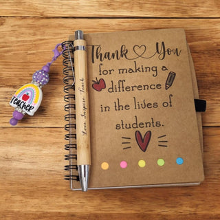 Notebook w/Matching Pen & Beaded Keychain/Bag Tag attachement 4.09"x5.31" Teacher Rainbow RSV|71115