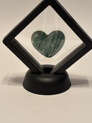 Fused Glass 1.5" Mini Green Heart in 2" Floating Black Frame - AnoGlass|46047