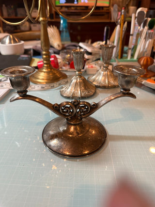 Oneida Silver Plated double Taper candle holder 4" t x 7.5"w  RCD|68363