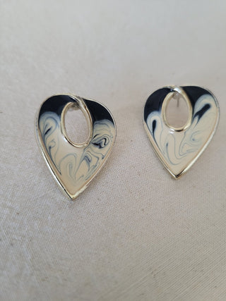 Vintage Blue & White Swirl Enamel Heart Earrings RCD|101046