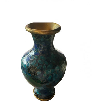 #62 VV Vintage Cloisonne Vase 5 1/2 Blue Floral Enamel Vase MTS|58284