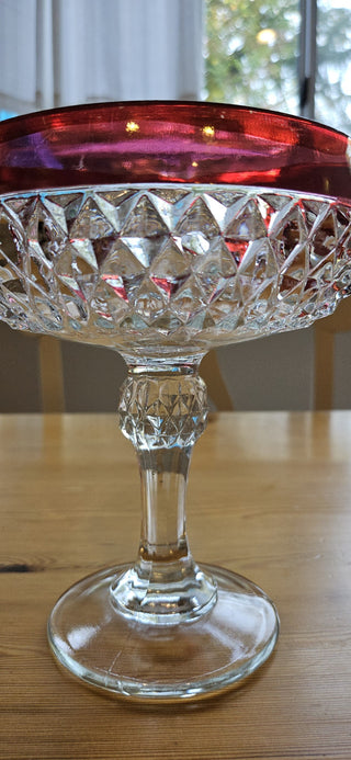 Vintage Indiana Glass Ruby Red Rim Diamond Point Candy Dish Compote Bowl, RSV|107025