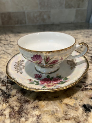 (10) Vintage Iridescent Lustreware Roses Tea Cup & Saucer RCD|72296