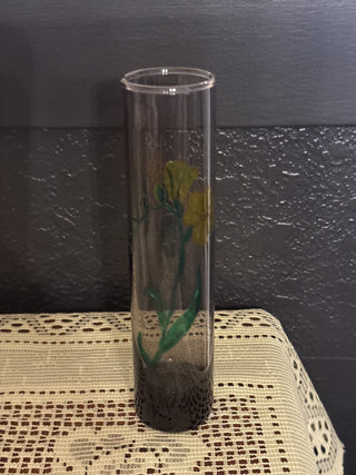 Vintage hand painted Purple small Vase with Yellow flowers & green stems 7 inches tall -RCD