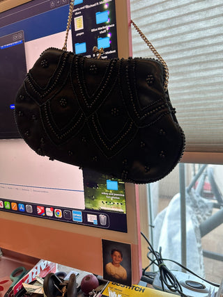 Vintage 1960's black beaded satin evening bagw/gold chain, made in Japan|61847