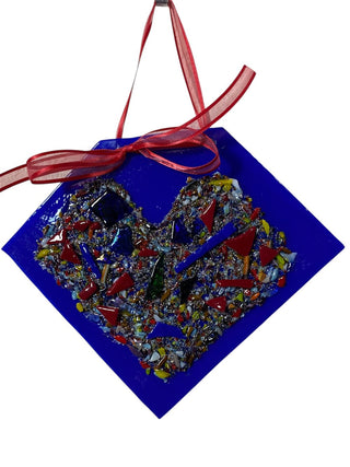 Art Glass Cobalt Frit Heart Suncatcher signed by Artist RSV