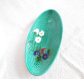 Vintage Oval Dish with Daisy Cornflowers Basket Weave Majolica Schramberg #63 VV MTS|100897