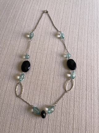 Vintage style black with blue beads Silvertone necklace