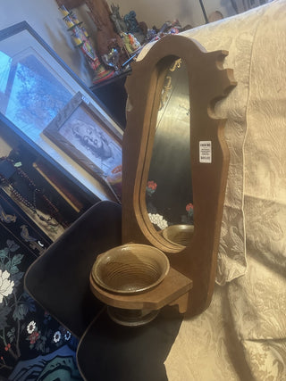 Mid Century Colonial Mirror and plant holder and pottery signed #47 VV MTS|131764