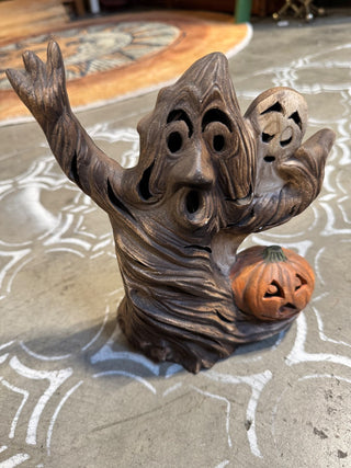 1970s Ceramic Lighted Tree Ghost Pumpkin 9” MTS