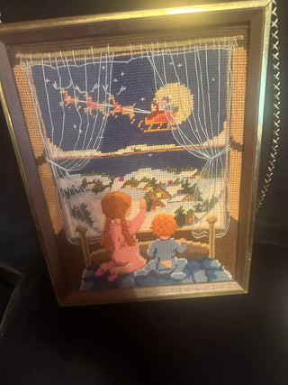 Crewel Xmas Finished Here Comes Santa Children Framed 13"X 10" 1980 #62 VV MTS|126229