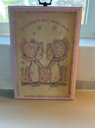 vintage Hallmark plaque features the "When Friends Meet, Hearts Warm" design by Betsey Clark from the 1970s-RSV