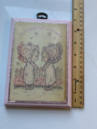 vintage Hallmark plaque features the "When Friends Meet, Hearts Warm" design by Betsey Clark from the 1970s-RSV