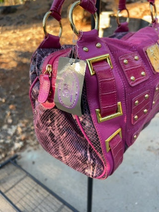 NWT Original by Sharif 1827 handbag features a striking fuchsia and purple snakeskin pattern