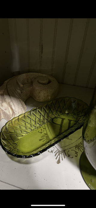 Vintage Green Indiana Basketweave Glass Oblong Dish RCD|95887