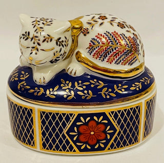 Vintage Takahashi Porcelain Cat Jewelry Trinket Box Blue Gold #62 VV MTS|69073