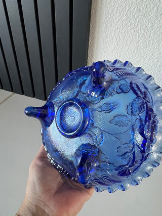 Carnival glass iridescent blue floral footed bowl RSV|116753