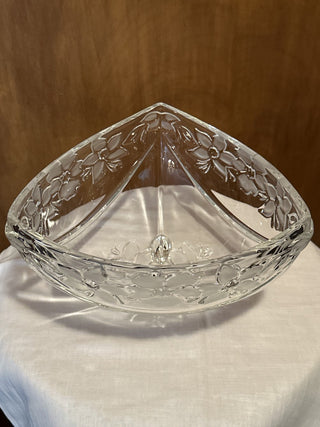 Triangular footed crystal bowl with embossed floral design.  #SM. RSV