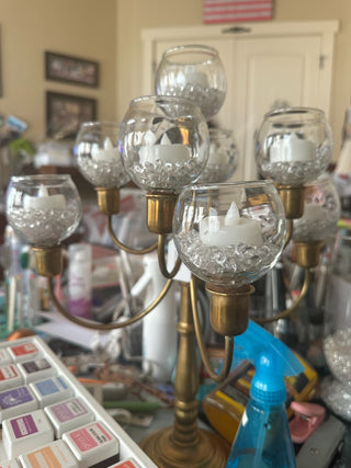 Vtg (1950's) French Brass Candelabra, 9 armed w/glass globes & votives RCD|68364