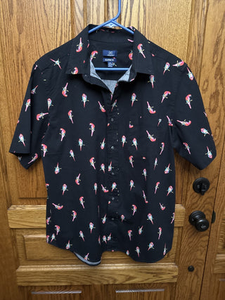 Vintage Geroge Men's Black Hawaiian Shirt with Pink & Red Parrots-RCD|93266