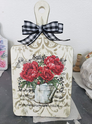 13 inch wooden chopping board with red flowers, a bow, and gold trim|97770