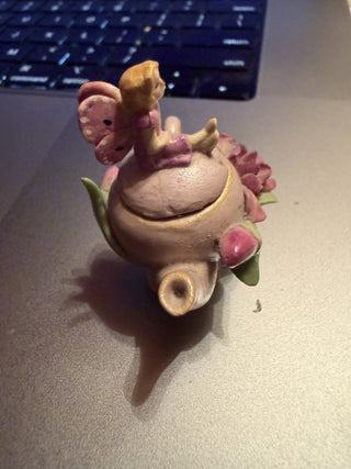 Teapot miniature fairy lavender orchid flower Collectible #62 VV MTS