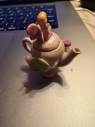 Teapot miniature fairy lavender orchid flower Collectible #62 VV MTS