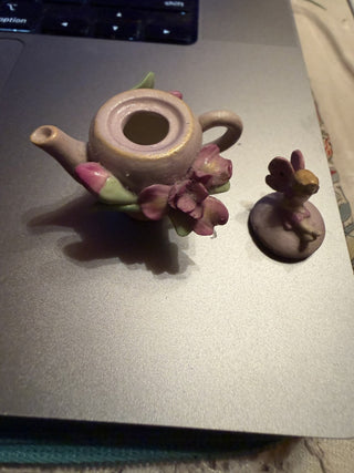 Teapot miniature fairy lavender orchid flower Collectible #62 VV MTS