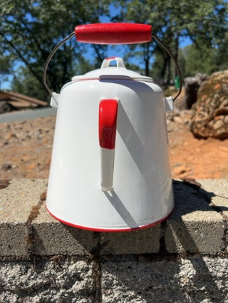 Vintage Extra-Large Enamel Ware Cowboy Coffee Pot Kettle Large Cowboy Camp Fire White Red
