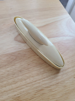 7 1940s Yellow Bakelite pieces: 1 tray, 1 nail buffing set, 3 lids, 1 ring box bottom|58142