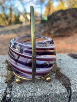 JP purple-and-white swirled art glass votive or tealight candle holder brass stand