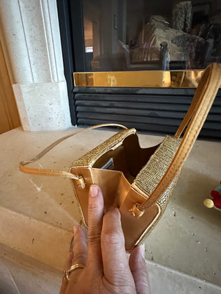 Vtg. La Regale Gold beaded Box Handbag 5.5" x 4". RCD