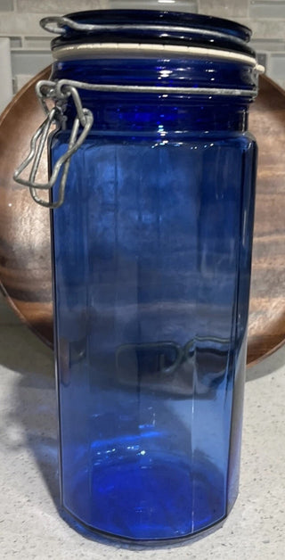 Vintage Cobalt Blue Glass Paneled Canister Jar with Wire Bale Hinge Cottagecore #63 VV MTS|114951