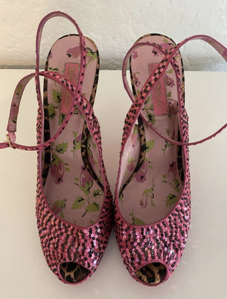 Betsey Johnson Pink & Black Sequin Platform Heels-RSV